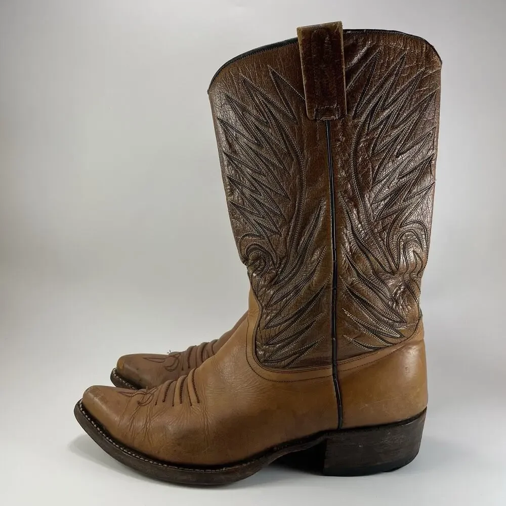 Dan Post 6154 Western Boots Mens Size 9 Pointed J Toe, Flame Embroidery Tan VTG